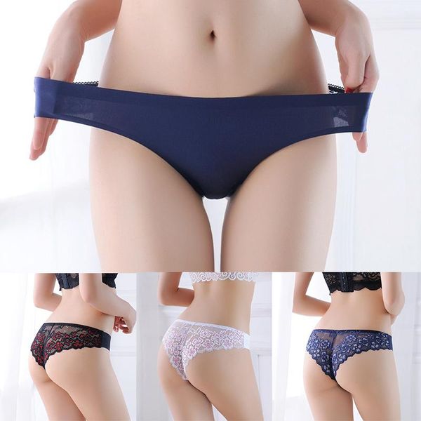 

women's panties 7 colors/ one piece ice silk seamless floral underwear lace beautiful buttocks cotton crotch thong pink, Black;pink