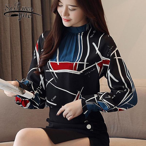 

spring fashion 2021 women chiffon blouse stand collar printed shirt female long sleeve with lantern 2594 50 women's blouses & shirts, White