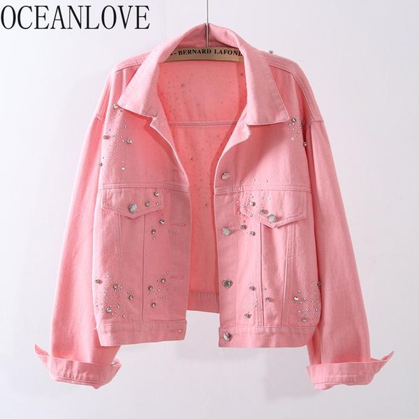 

women's jackets oceanlove jacket women solid beading candy color mujer chaqueta korean streetwear autumn denim 2021 outwear 17685, Black;brown