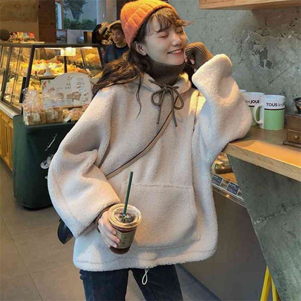 

korean version autumn winter fleece plush warm women hoodies casual loose turtleneck patchwork hooded pocket sweatshirt hoody 210507, Black