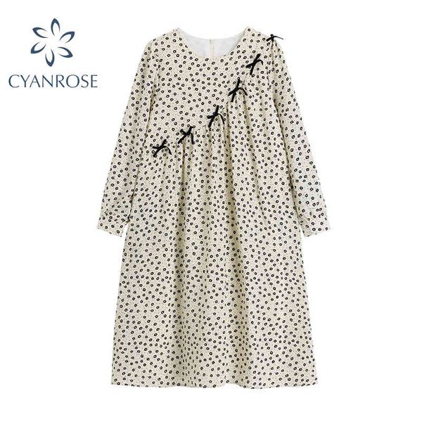 

women's dress lovely flower printing loose cotton long sleeve summer zipper o neck bow appliques causal apricot lady dress 210417, Black;gray