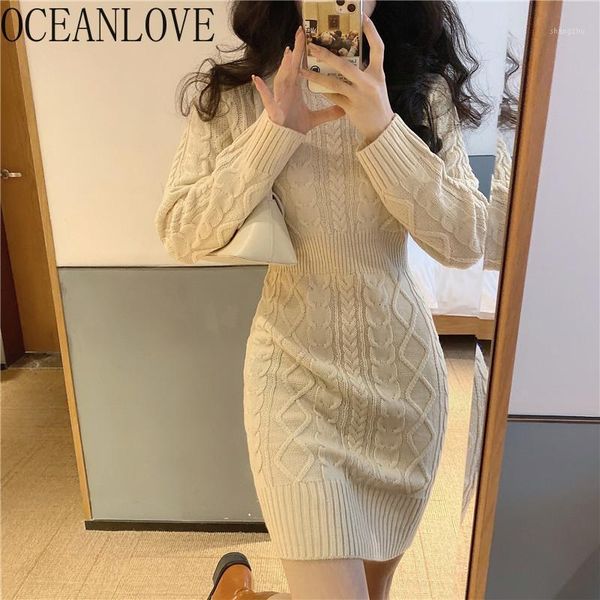

casual dresses oceanlove solid knitted femme robes autumn winter sweater for women 2021 korean elegant mini woman dress bodycon 19482, Black;gray