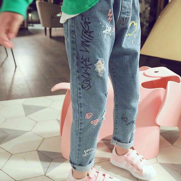 

fashion printed kids jeans for girls spring autumn casual loose children trousers teenager pants, Blue
