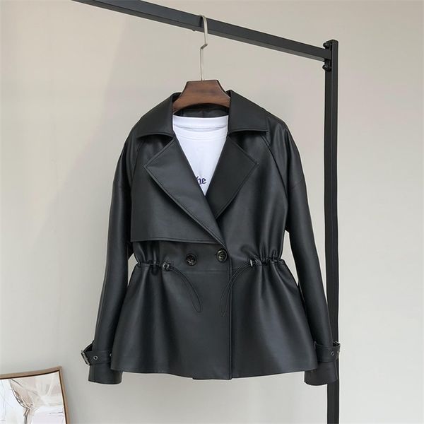 

nerazzurri spring black short faux leather jacket women drawstring long sleeve double breasted fall soft pu leather jackets 211130