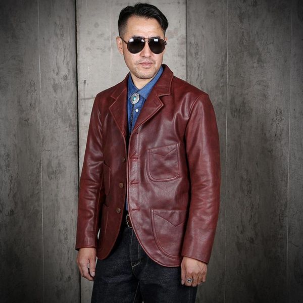 

men's leather & faux 2021 red wine retro casual style genuine jacket men plus size 3xl real natural cowhide autumn slim fit suits coat, Black