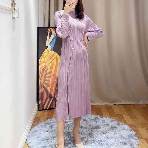 

dresses spring new buckles adornment women dresses miyak pleated fashion stand collar long sleeve solid elastic waist female dress, Black;gray