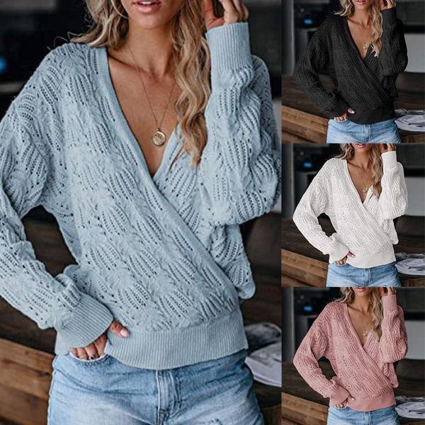 

women's hoodies & sweatshirts women deep v-neck wrap long-sleeved crochet pullover soild female korean style ladies's tracksuits c, Black