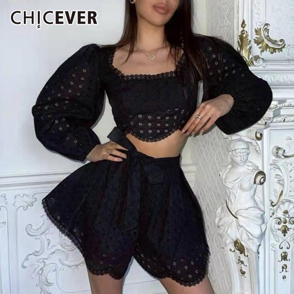 

women's tracksuits chicever loose two piece set for women square collar puff sleeve high waist shorts solid suit clothing 2021, Gray