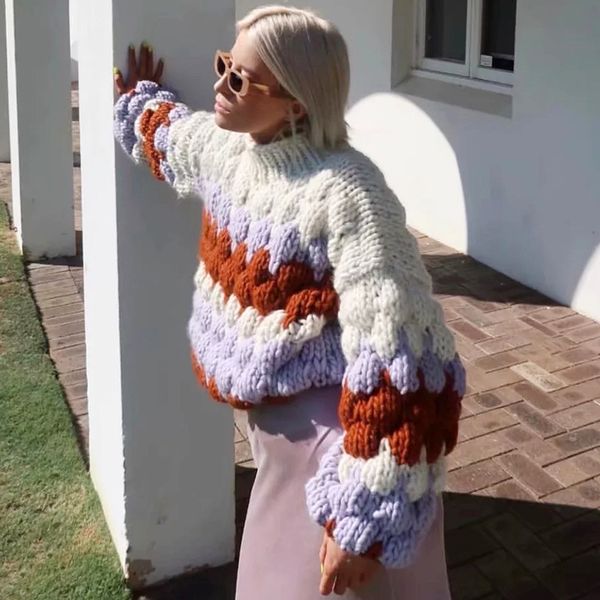 

inspired color blocked thick pullovers women long lantern sleeve o-neck sweaters women new christmas sweaters 210412, White;black