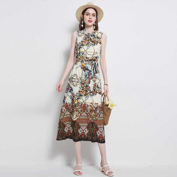 

women summer designer elegant loose printting maxi dress lady casual party robe female vintage holiday sleeveless dress vestidos 210525, Black;gray