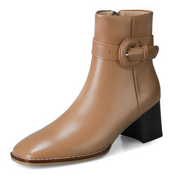 

boots leather square toe thick heel ankle zip belt buckle heels soft women shoes winter high (5cm-8cm) rubber, Black