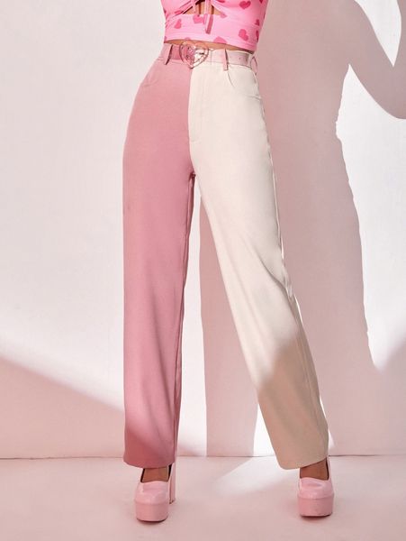 

high waist two tone straight leg pants without belt a8xf#, Black;white