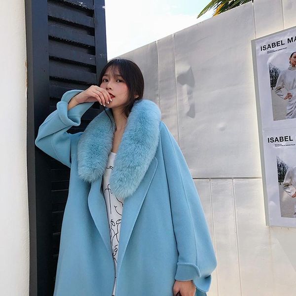 

women's fur & faux 2021 winter women high-quality loose wool coat big collar double-sided woolen coats long cashmere jacket, Black