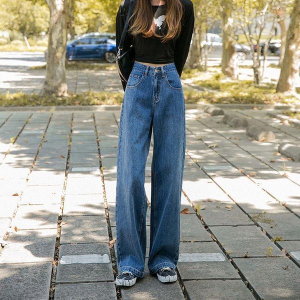 

women's jeans wide leg bottom loose high waist straight pants retro street style 2021 autumn floor, Blue