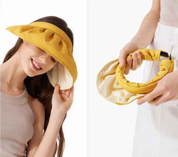 2021 Visiere pieghevoli estive Cap Largo Tesa larga Protezione UV Cappellini da donna Cappelli da spiaggia per donna Fascia per capelli Cappello di paglia a doppio uso