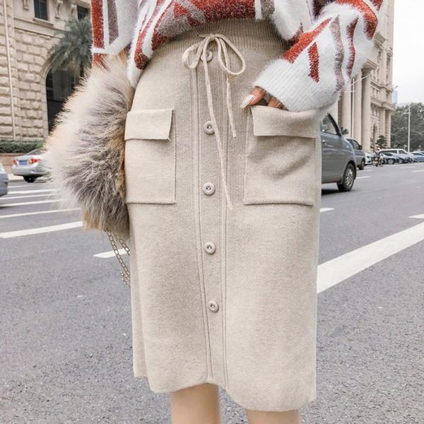 

skirts autumn women cotton skirt solid color elastic waist strap pocket single-breasted straight bag hip a-line, Black
