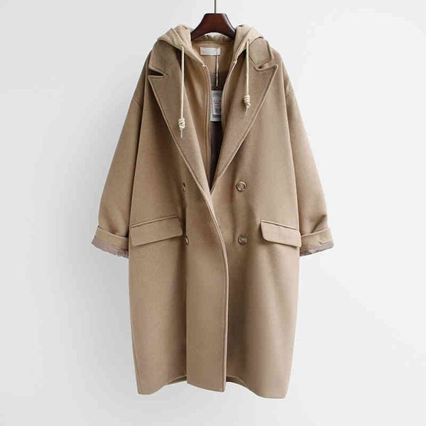 

women's wool & blends japanese woolen hooded coat mid-length winter korean version large size fake two-piece coat high-quality female d, Black