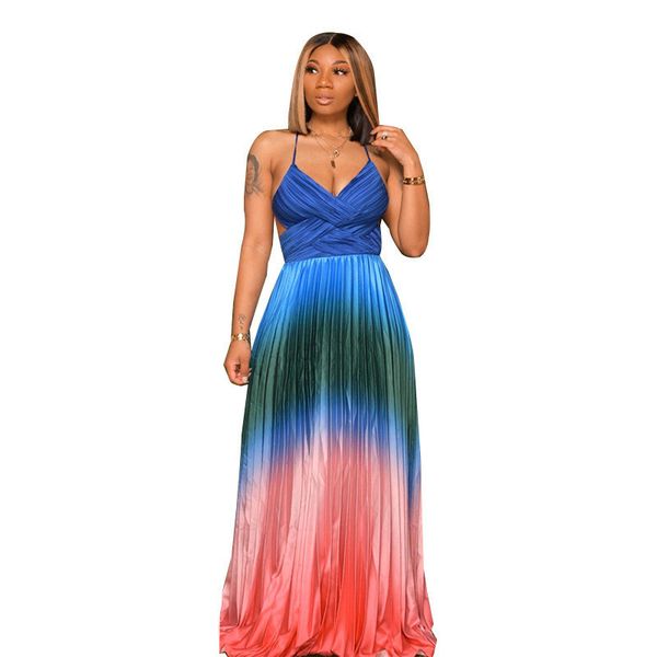 

Dropshipping Womens Gradient Color Pleated Dress Sexy V Neck Spaghetti Strap Dress Summer Vestidos De Verano Clothing, Colorful
