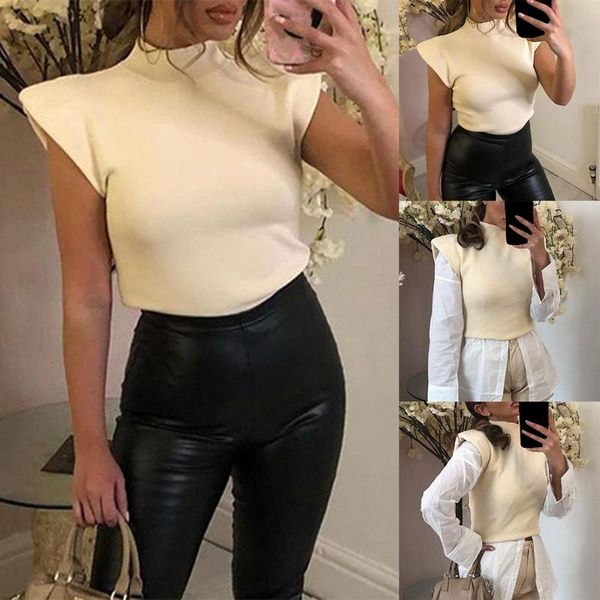 

women's t-shirt fashion slim solid color half high neck shoulder pad sleeveless apricot, White
