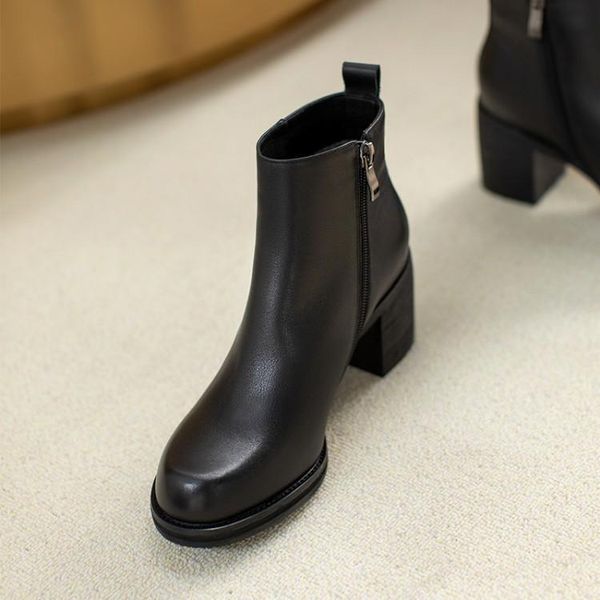 

boots all-match mid-heel short 2022 spring and autumn black leather thick-heel fashion round toe