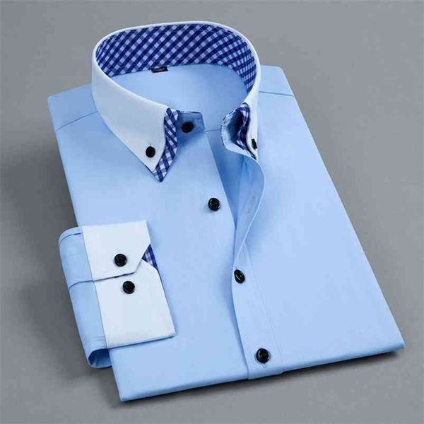 Camisa de vestido formal dos homens de manga comprida camisa de fácil cuidado de moda dupla colar de cor sólida trabalho de escritório trabalho esperto camisa casual 210714