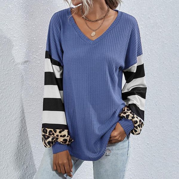 

women's blouses & shirts harajuku loose blouse autumn winter patchwork striped leopard print shirt v-neck long-sleeved pullover, White