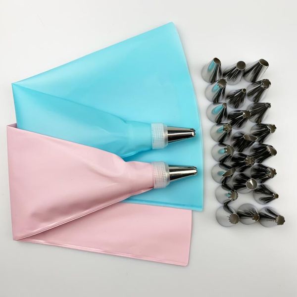 

baking & pastry tools 26 pcs/set silicone bag tips kitchen diy icing piping cream reusable bags +24 nozzles set cake decorating