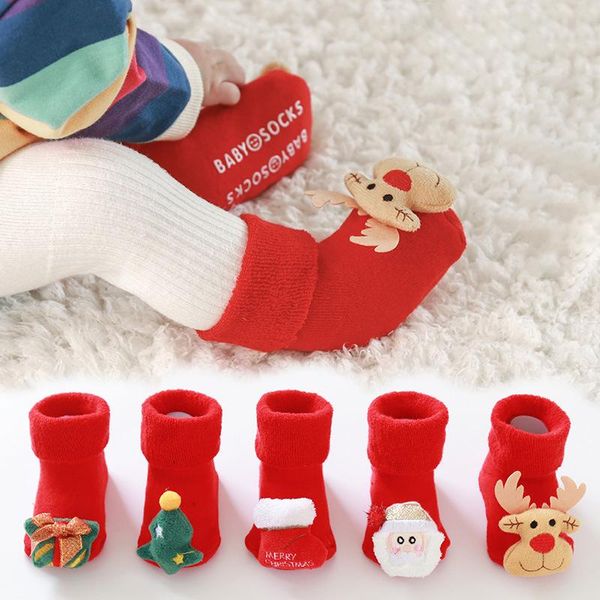 

socks winter for borns baby anti-slip christmas cartoon cotton warm kids with rubber on foot, Pink;yellow