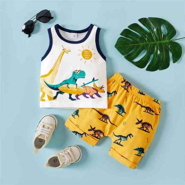 

summer 2pcs baby boy dinosaur sleeveless spring cotton sets 210528, White