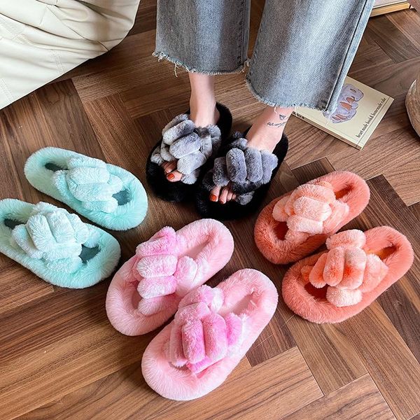 

slippers thick-bottomed fur women's autumn and winter cross- slipper home furnishing fingerless cotton, Black