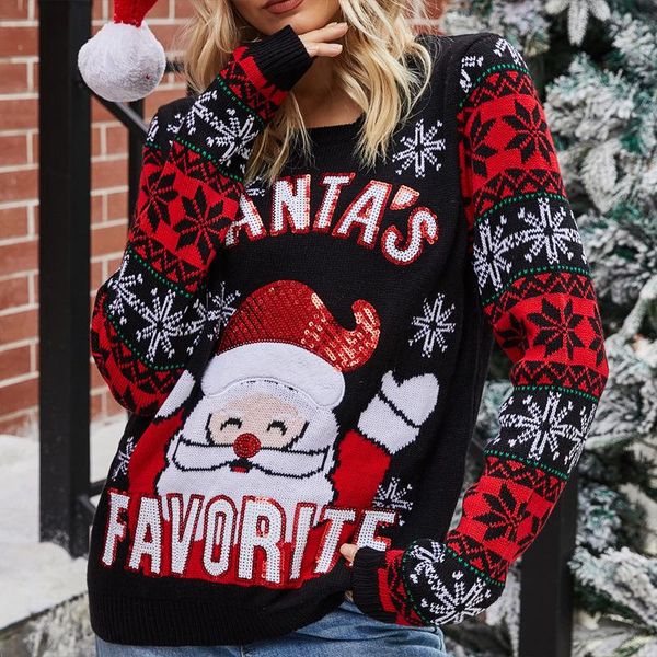 

women's sweaters 2021 european and american clothing christmas pullover santa claus embroidered crew neck knitwear sweater for women, White;black