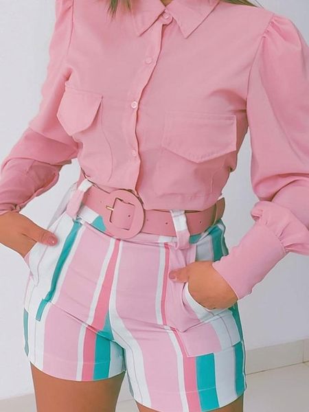 

women's tracksuits two piece suit sets women summer workwear casual flap detail button pockets long sleeve pink shirt & striped print s, Gray