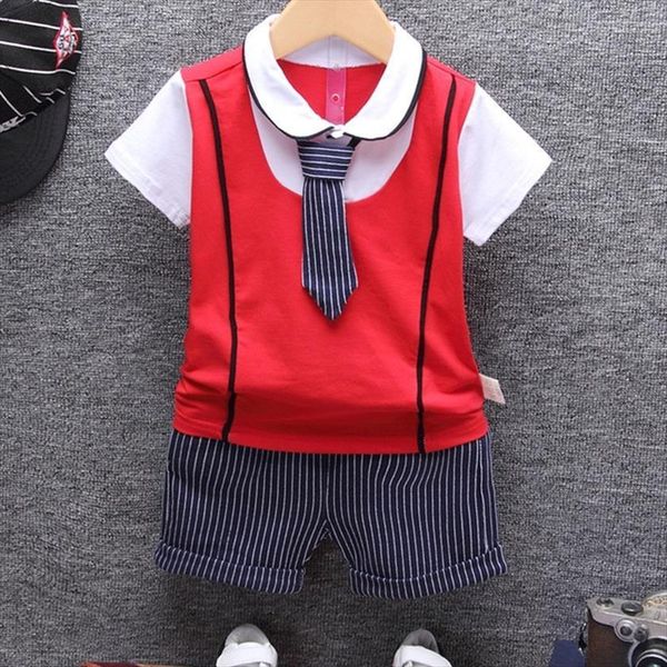

baby boy fake vest t shirt striped shorts 2 pcs clothing sets kids fashion tie gentleman clothes cotton suit for, White