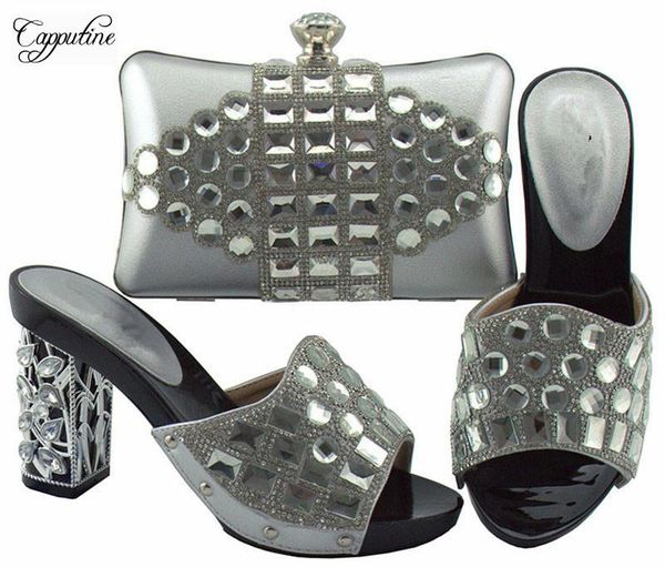 

dress shoes silver high heel sandal with evening handbag set for wedding/party fgt003, Black