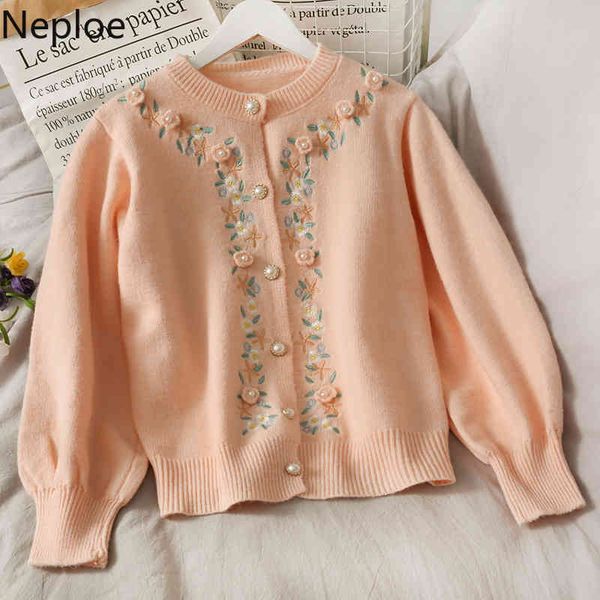 

neploe korean cardigan for women embroidery flower woman sweaters japanese knitted coats latern sleeve pull femme 210422, White