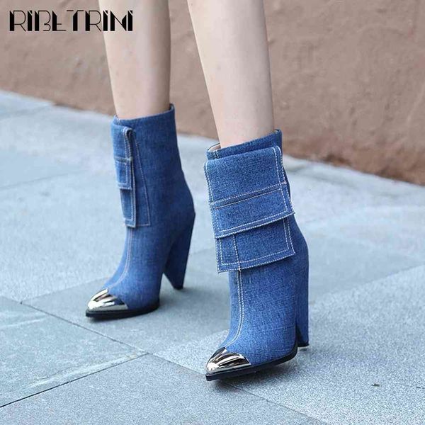 

boots fashion lady mid calf shoes denim pointed mixed color women high heels fahsion party spring boots, Black