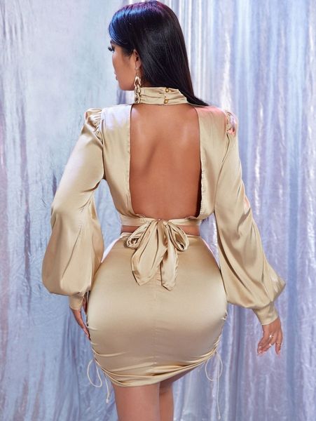 

tied backless lantern sleeve satin crop 99ik#, White