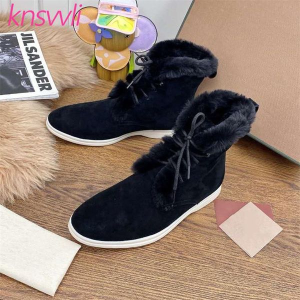 

boots winter natural fur snow women lace up suede leather comfort short wool warm shoes fashion flat ankle, Black