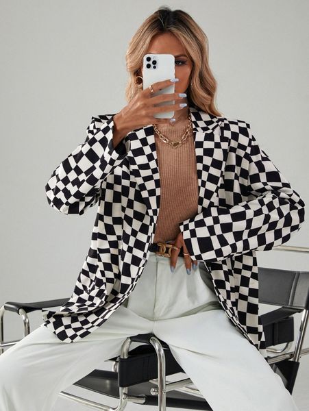 

geo print single button blazer b628#, White;black