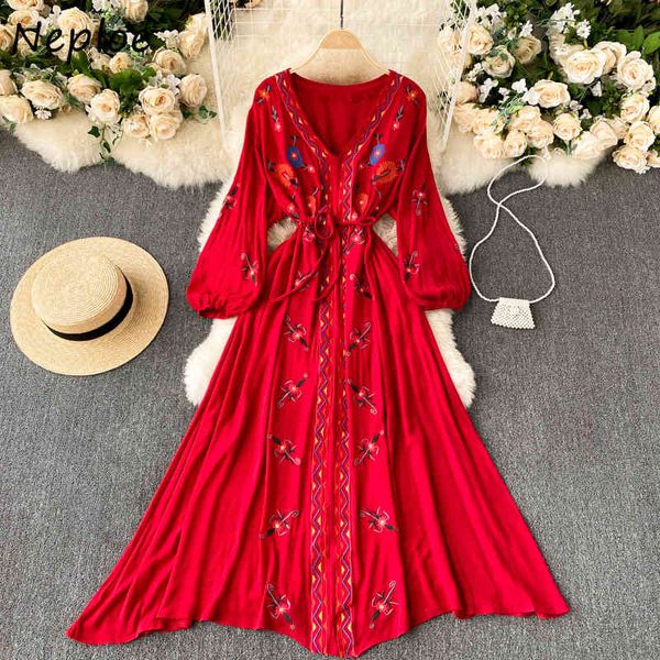 

neploe holiday bohemian flower embroidery dress women high waist hip a line long vestidos v neck long sleeve pullover slim robe 210423, Black;gray