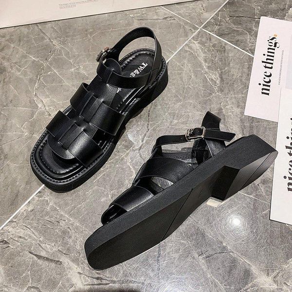 

sandals summer shoes woman flat platform women soft leather casual open toe gladiator wedges weave fashion, Black