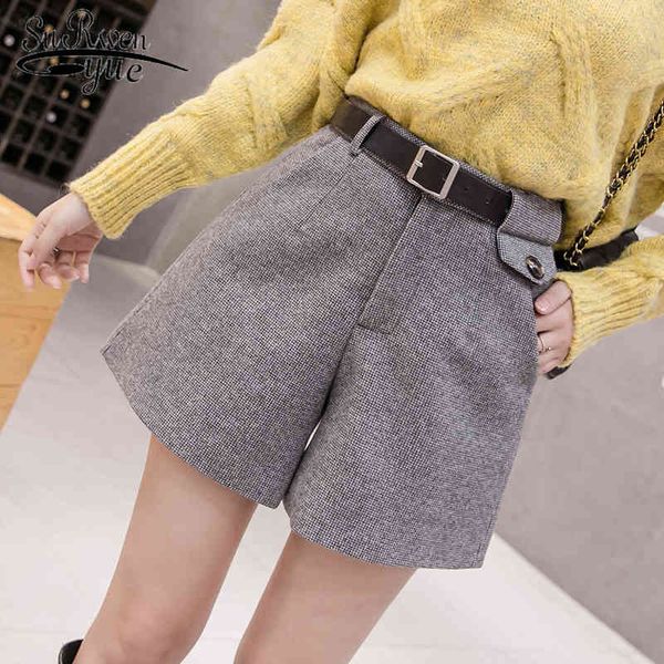 

casual women autumn korean plaid shorts high waist elegant loose wool wide leg fashion all-match 7801 50 210521, White;black