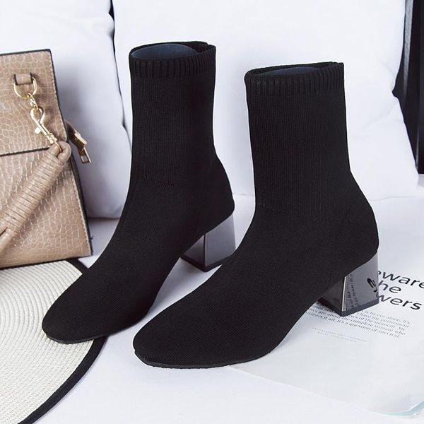 

women shoes sock boots autumn winter knitted stretch square high heels solid black squaretoe short ankle plus size