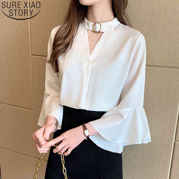 

office lady short sleeve blouse fashion women summer casual shirts korean ruffled v-neck solid clothing blusas 10493 210417, White