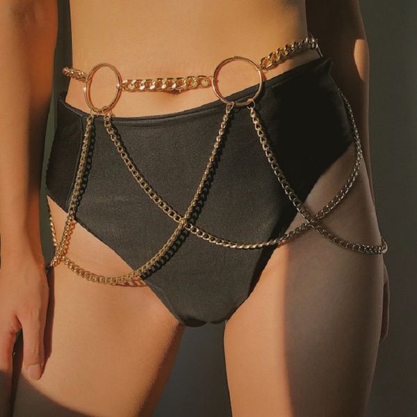 

simple joker punk body big belly tassel geometric ring waist chain, Silver