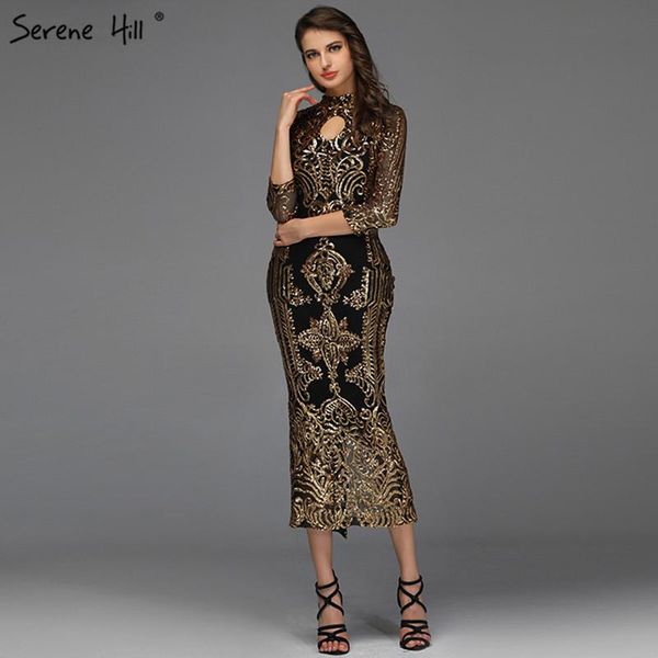 

party dresses black high collar sequined evening design 2021 mermaid sparkle tea-length gowns serene hill dqa8043, White;black