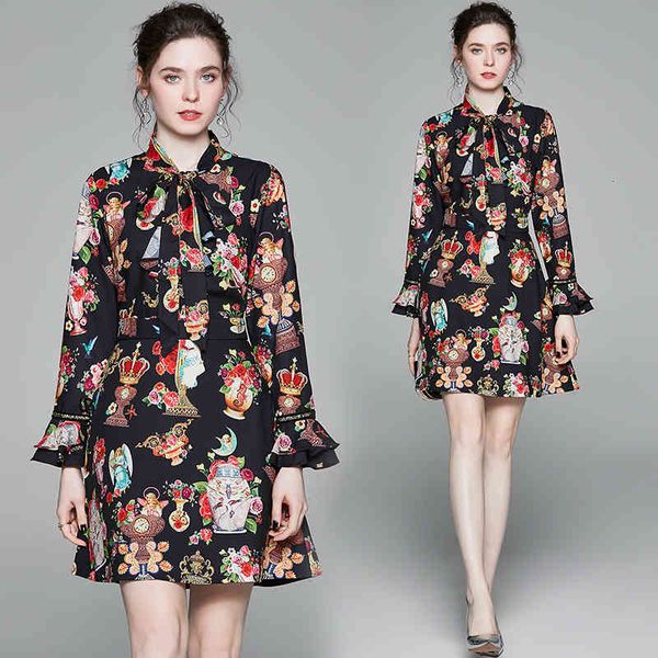 

casual dresses women ruffle bow tie mini ladies flare sleeve flower vase print runway angel vintage long party 585x, Black;gray