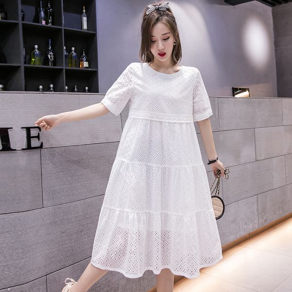 

1730# 2021 summer chic ins cotton lace maternity long dress hollow out white clothes for pregnant women fashion pregnancy dress, Black;gray