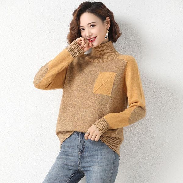 

autumn winter women knitted warm turtleneck pullover long sleeve loose patchwork sweaters women's, White;black