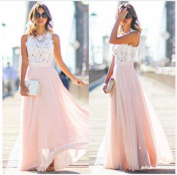 

summer lace splicing chiffon super long dress, White;black